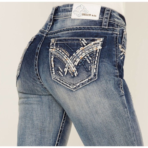 Grace in LA Women's Embroidered Stitch Pocket Distressed Bootcut Stretch Jeans